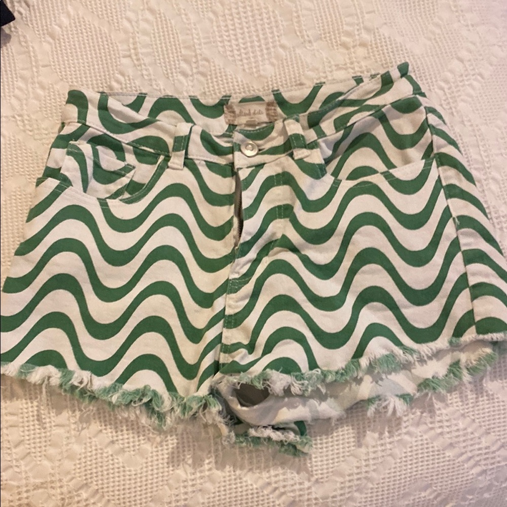 Altar'd State Green and White Jean Shorts with Wave Pattern